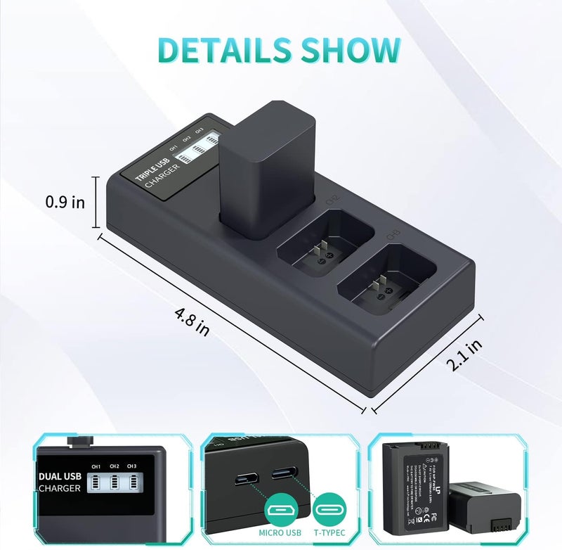 L & P NP-FW50 Battery Charger Pack, 3-Pack 1200mAh Battery & Triple Slot Charger for Alpha A5000, A5100, A6000, A6100, A6300, A6400, A6500, A7, A7II, A7R, A7RII, A7S, A7SII, RX10, RX10III, RX10IV, EV-10 - Image 4